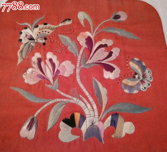 民国绣工精美蝴蝶花卉小鸭子图刺绣绣片绣品一对包老