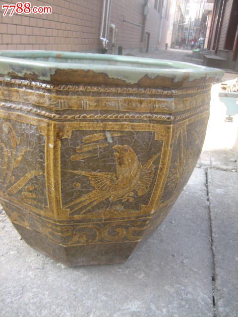 完美漂亮民国八棱体酱釉大缸画缸金鱼缸带抽象工艺凸雕刻画_价格3888.