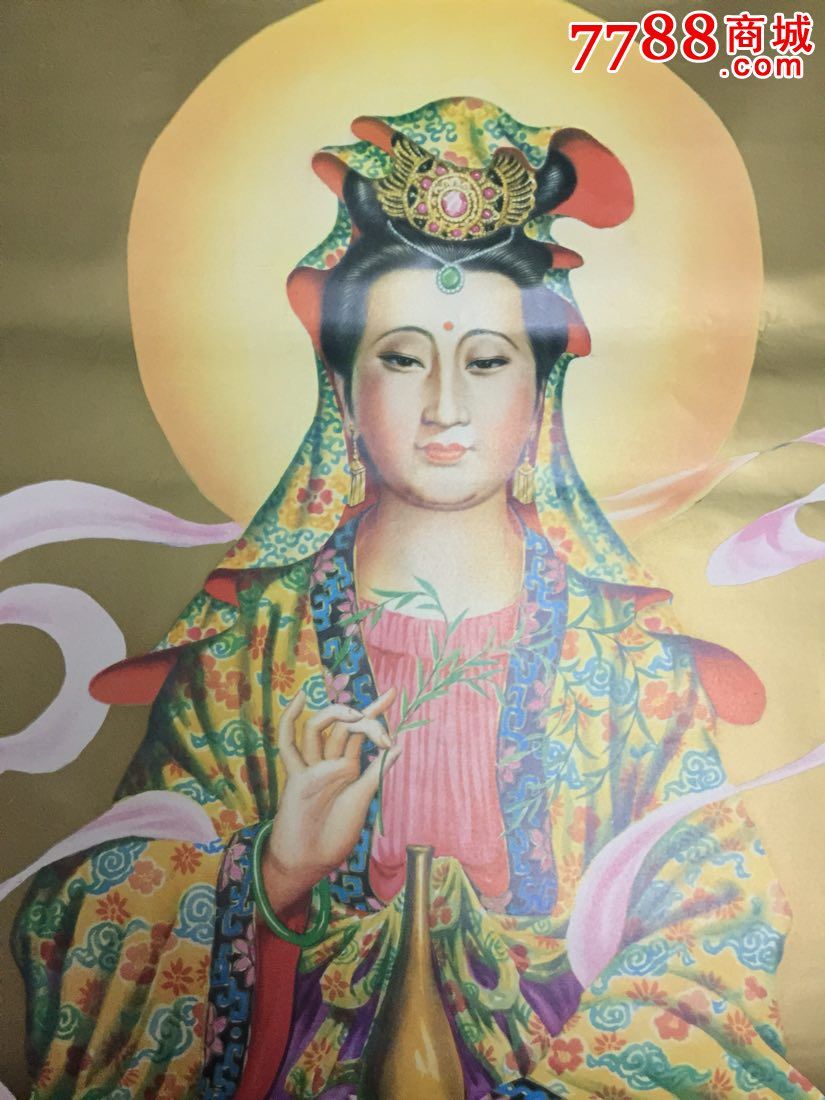 天津杨柳青年画,观音坐莲像一一普降吉祥