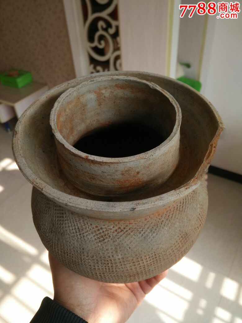 汉代布纹双圈口灰陶罐