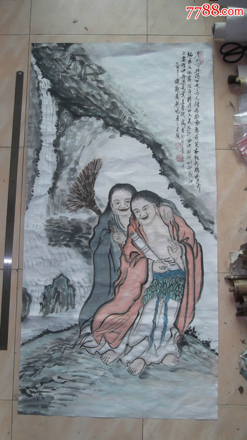 和合二仙图寒山拾得图尺寸大保证是纯手工画的人物画国画