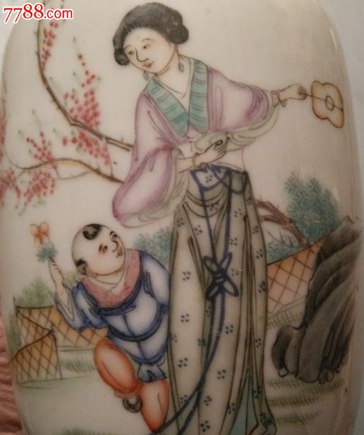 特价民国手绘粉彩人物三娘教子图花瓶一个竹里馆出品包老瓷器标本