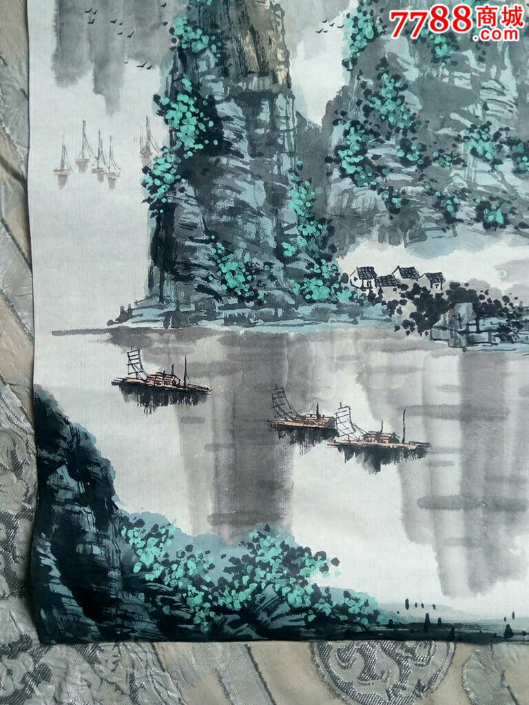 4646精品国画青绿山水青山绿水船在画中行