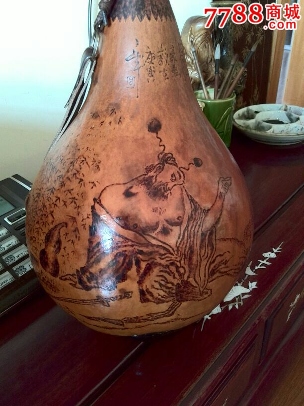 甘凤豪早期老葫芦烙画作品【钟馗醉酒】纯手工制作酒葫芦.