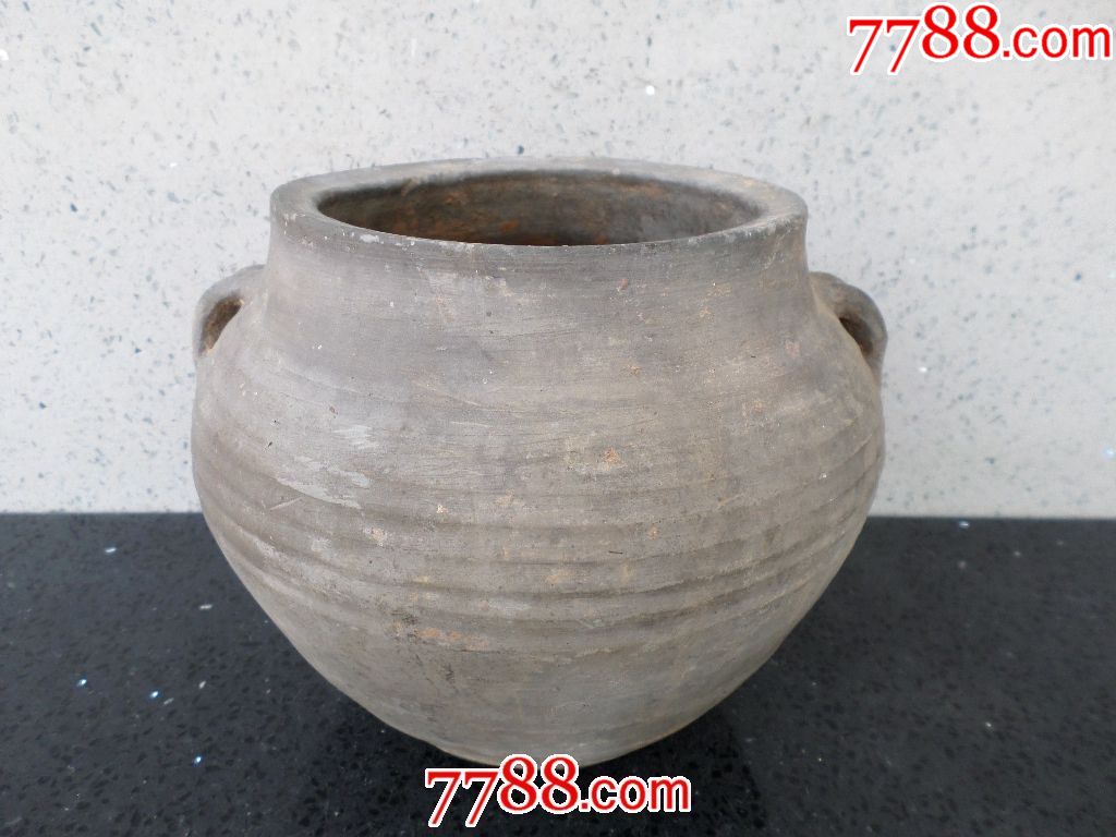 古玩杂项老旧瓷器陶瓷器皿容器灰黑陶制品收藏类手工双耳灰陶汉罐