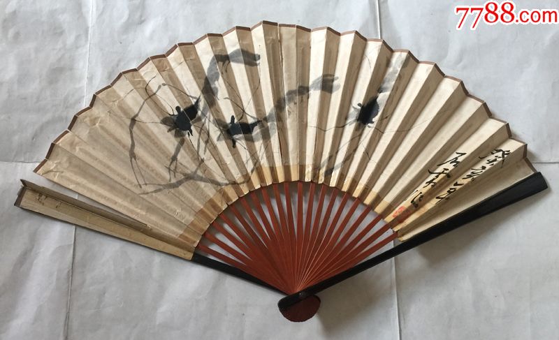 老折扇纸扇竹制扇骨老扇子80年代白石虾折扇