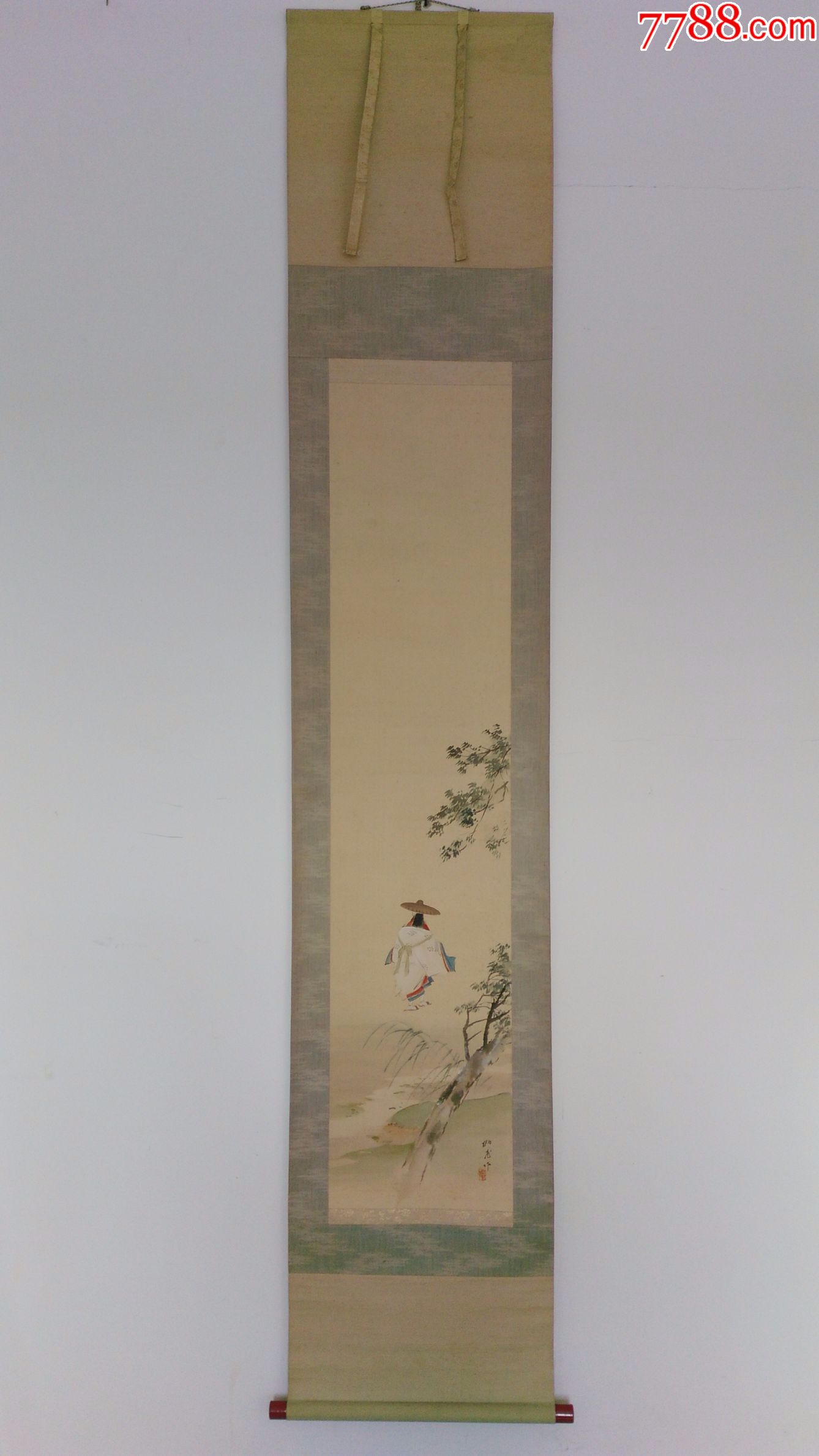 日本回流老字画民国字画绢本人物画美女画丽人行长幅立轴绫裱277