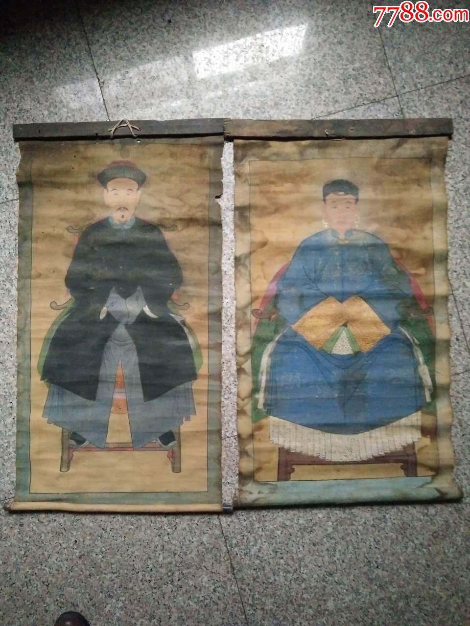 清代人物肖像画布底油画祖宗画男女一对古玩民俗收藏品