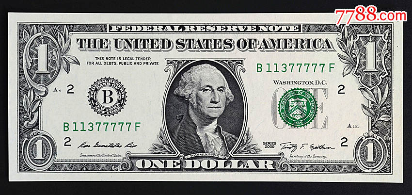 美国1美元一美元纸币豹子号377777如图保真