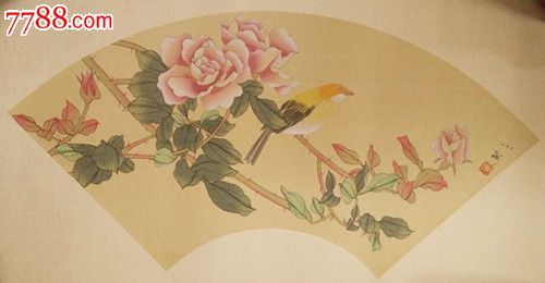 扇形玫瑰80年代老画花鸟花绢丝画原稿真迹一对