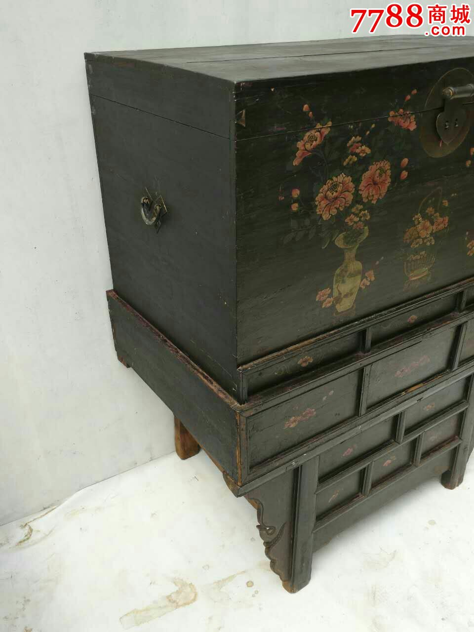 清代楸木大画箱花箱子带底座坐架老衣箱书箱柜子古董家具