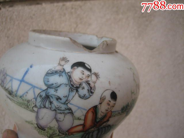 古玩瓷器民国名家胡义成粉彩手绘瓜藤连理儿童图将军罐瓷罐