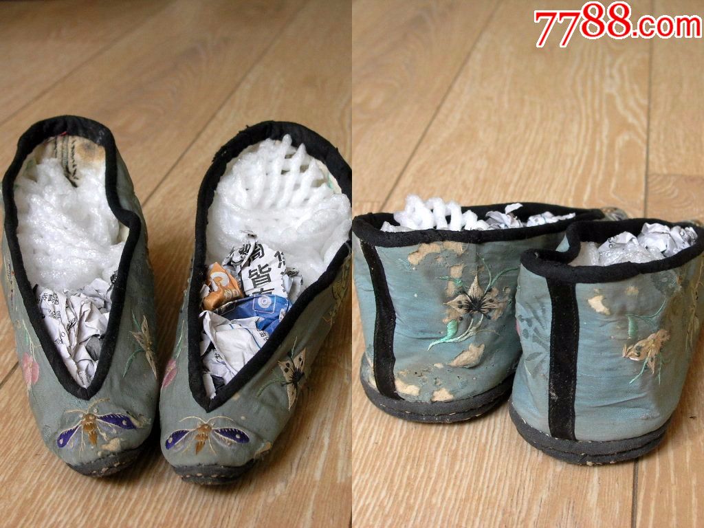 刺绣收藏170504民国青缎面手工绣花布底三寸金莲绣花鞋175cm