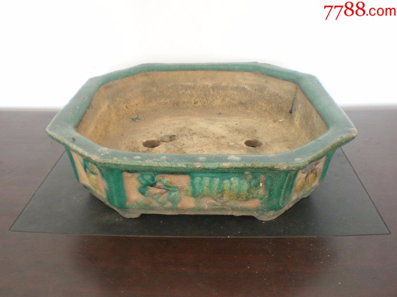 花鸟图案绿釉四方切角花盆石湾盆40*10