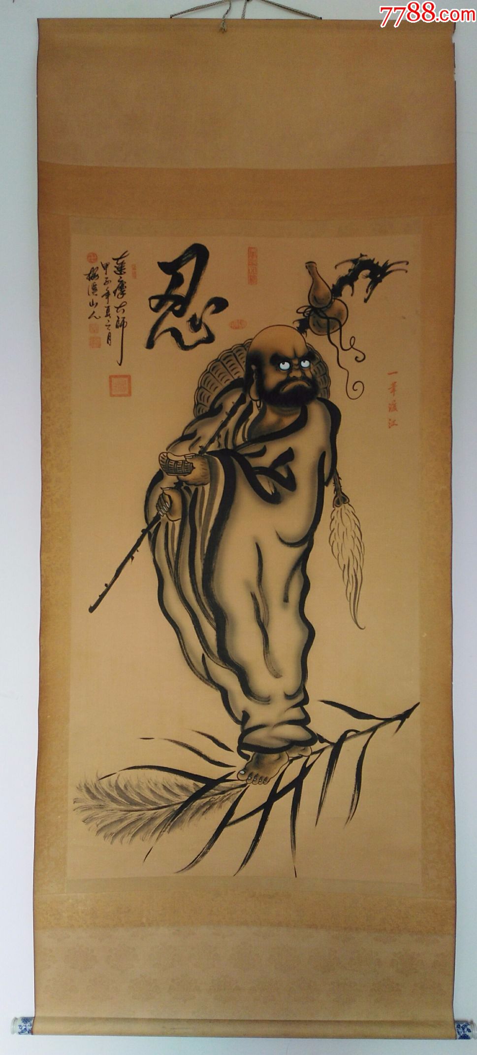 日本回流字画中国画近代大幅人物画谢梅溪达摩一苇渡江瓷轴362