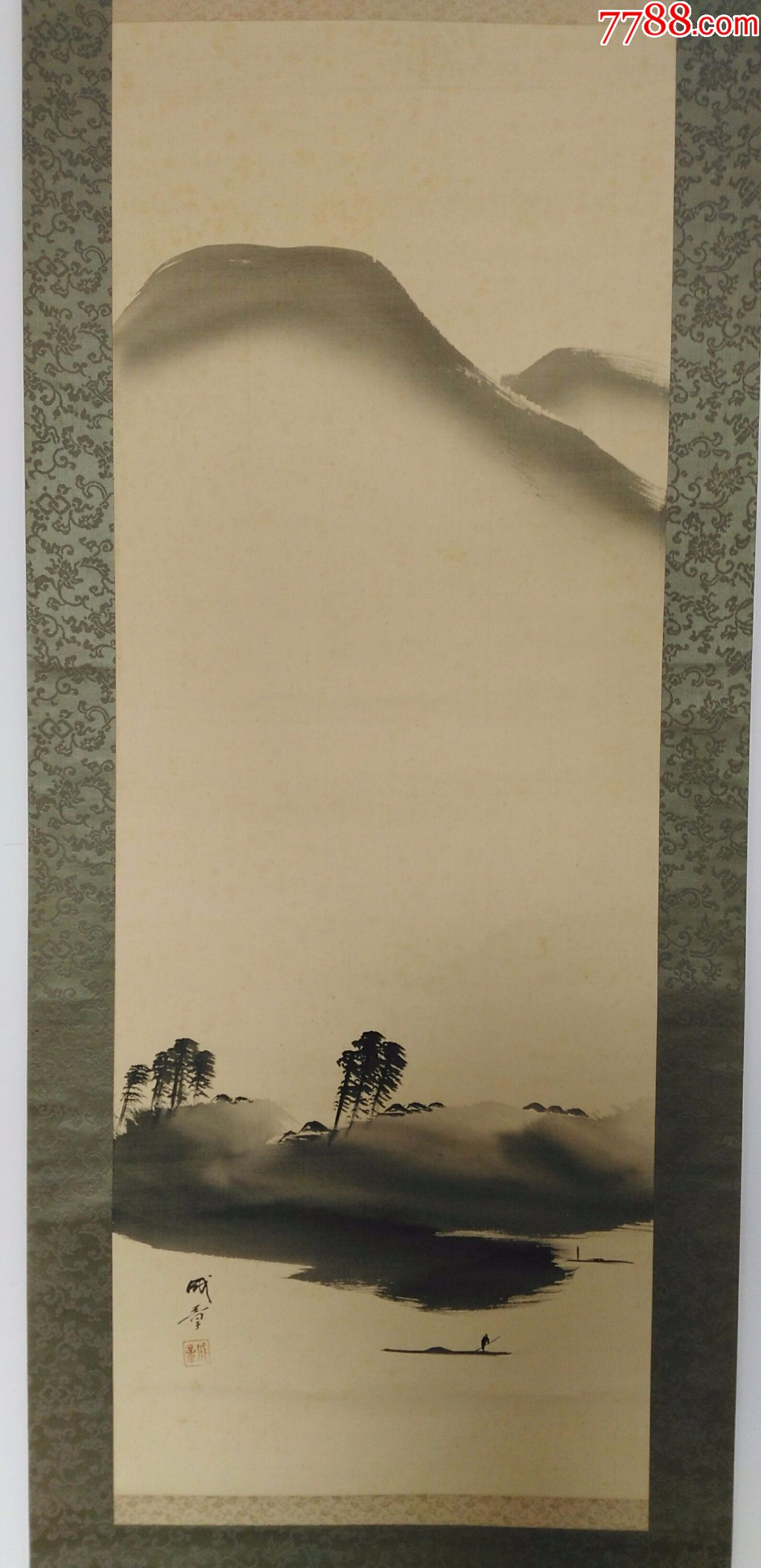 日本回流字画日本名家诸星成章真笔山水画独舟远眺图品好木轴388