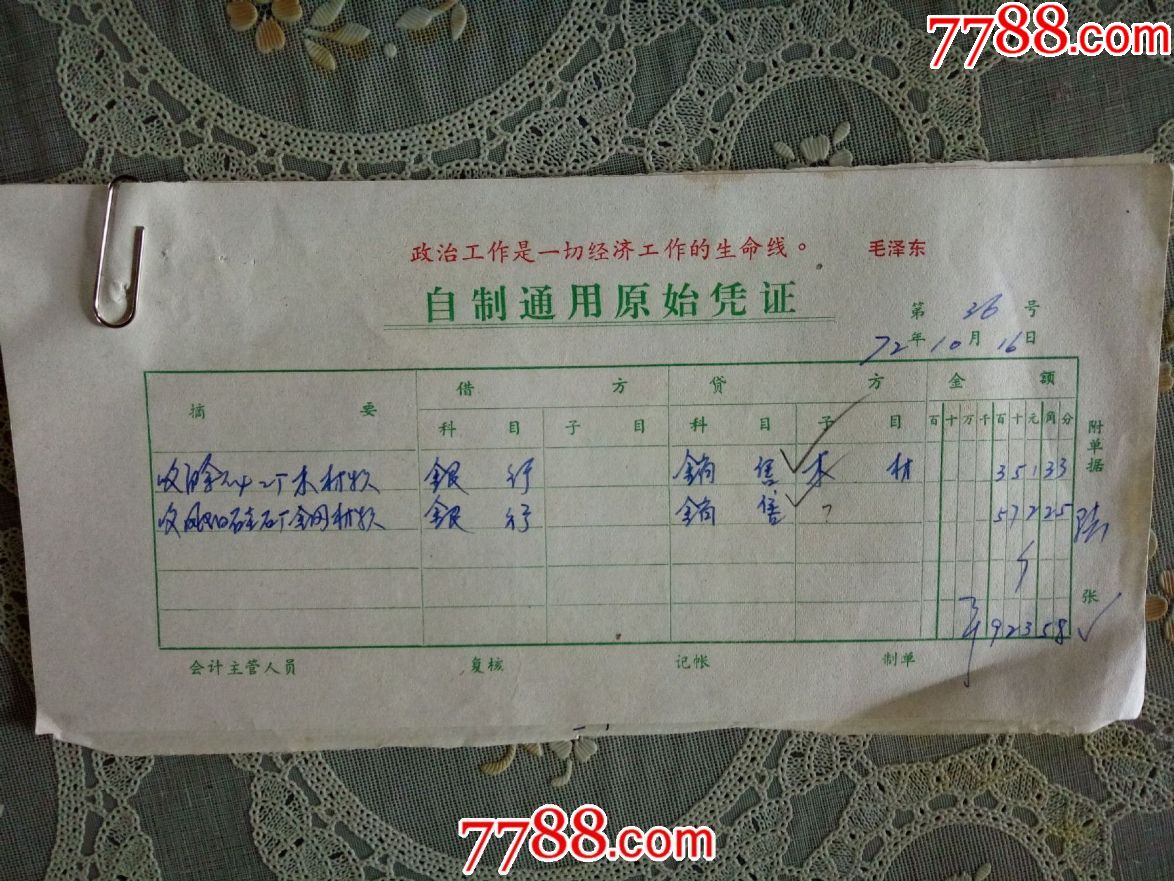 1972年有语录自制通用原始凭证(原始凭证6张合售)