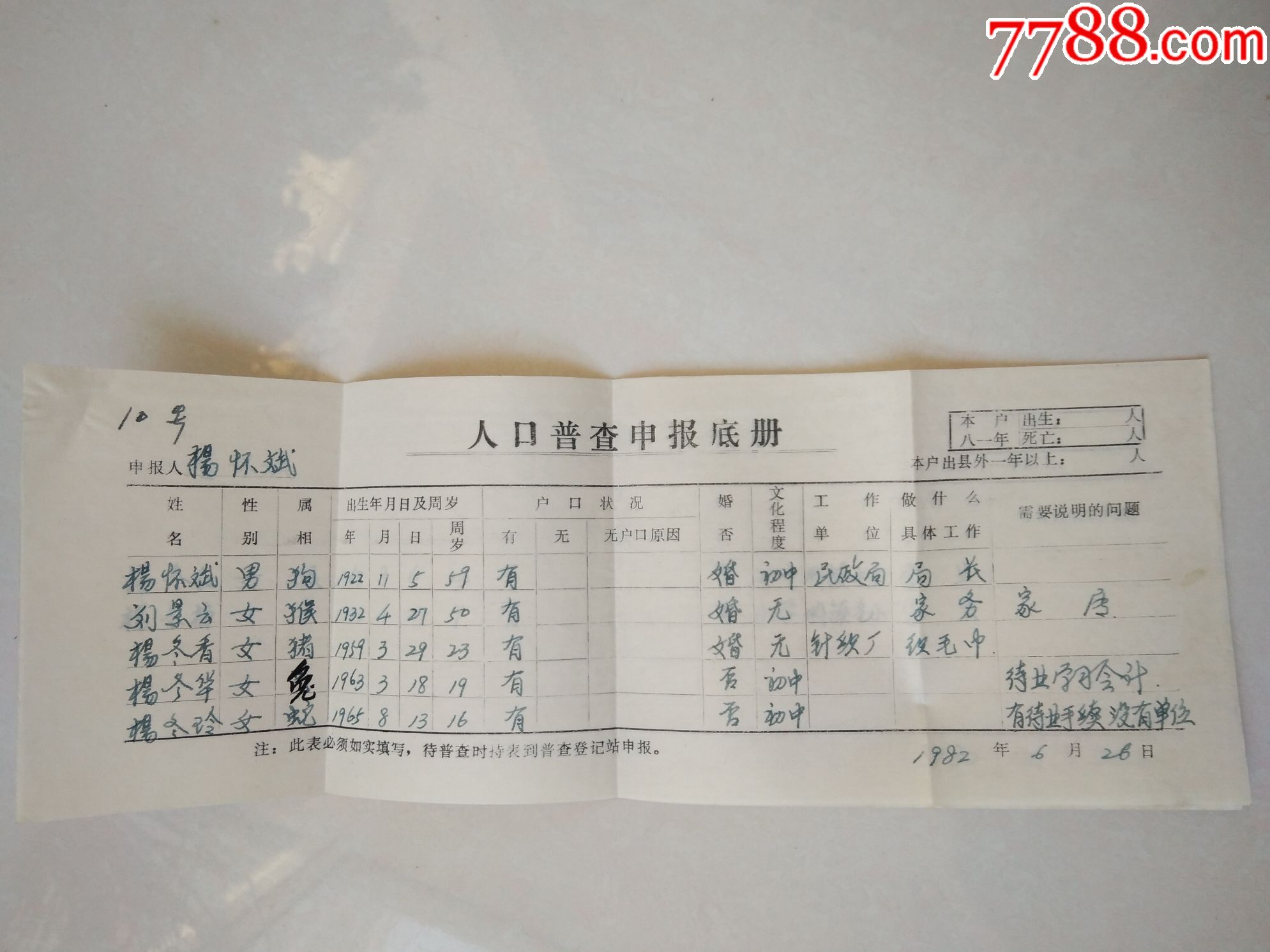 1982年人口普查申报底册2张