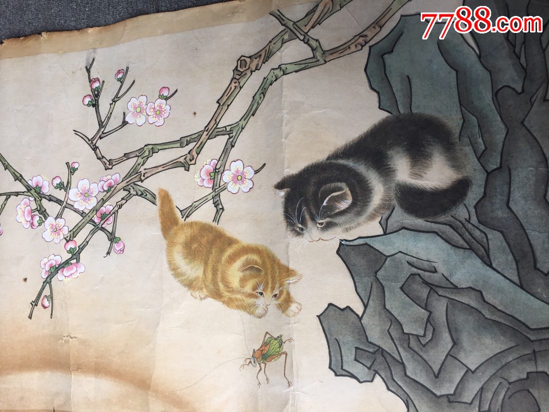 双猫图(名家工笔画)画的很好,1985年