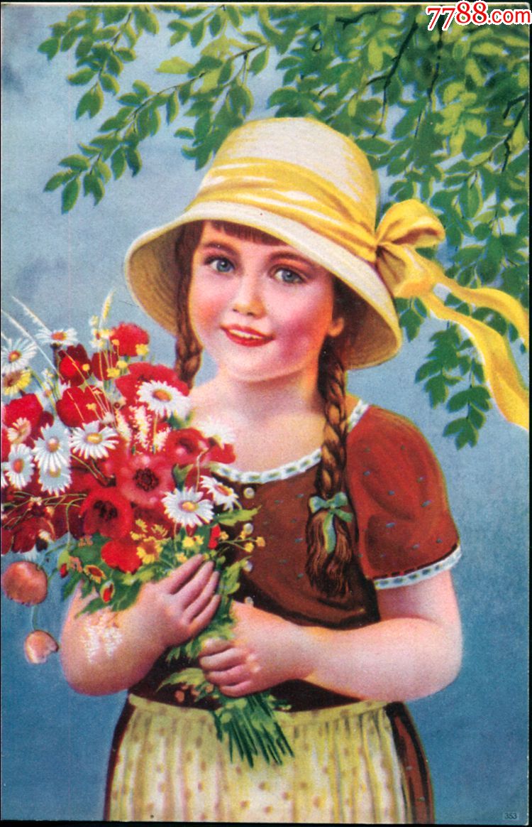 50年代笔记本插页或广告老西洋画纸片,绿荫下戴帽子的小女孩手挂鲜花