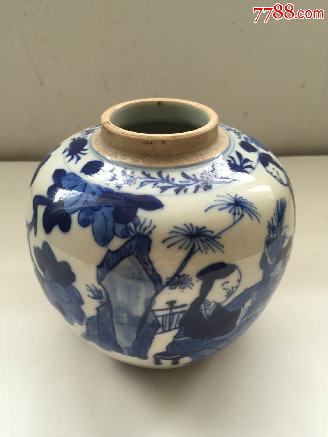 清代三娘教子青花茶叶罐