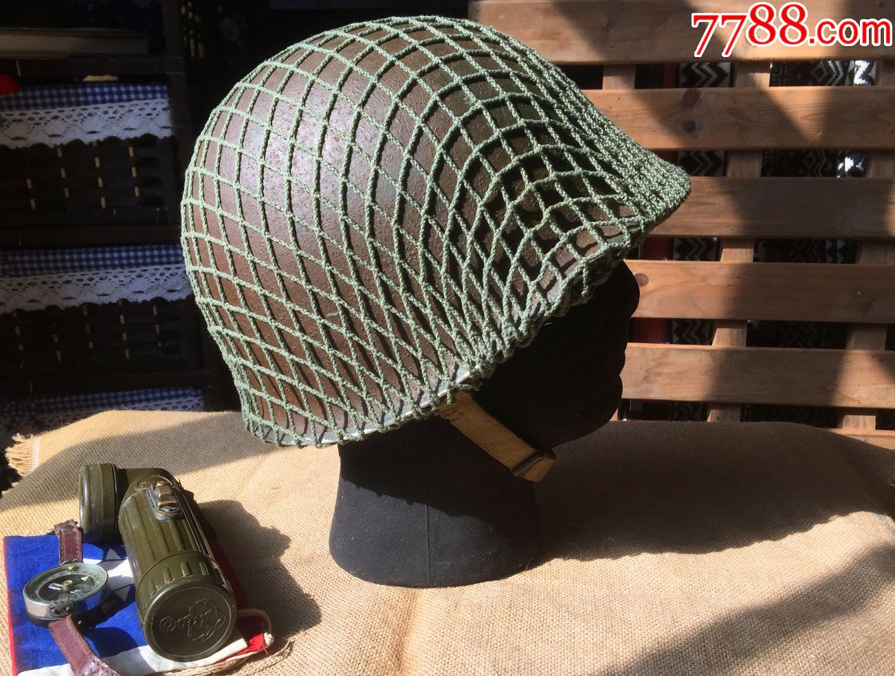 二战美援M1国军原品钢盔早期前接缝D环青铜钩下巴带外盔内盔全