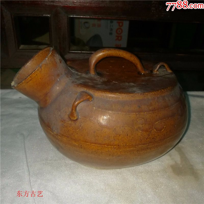 老瓷器清代紫金釉花卉纹饰三系提梁夜壶便壶酱釉民俗收藏_价格168.