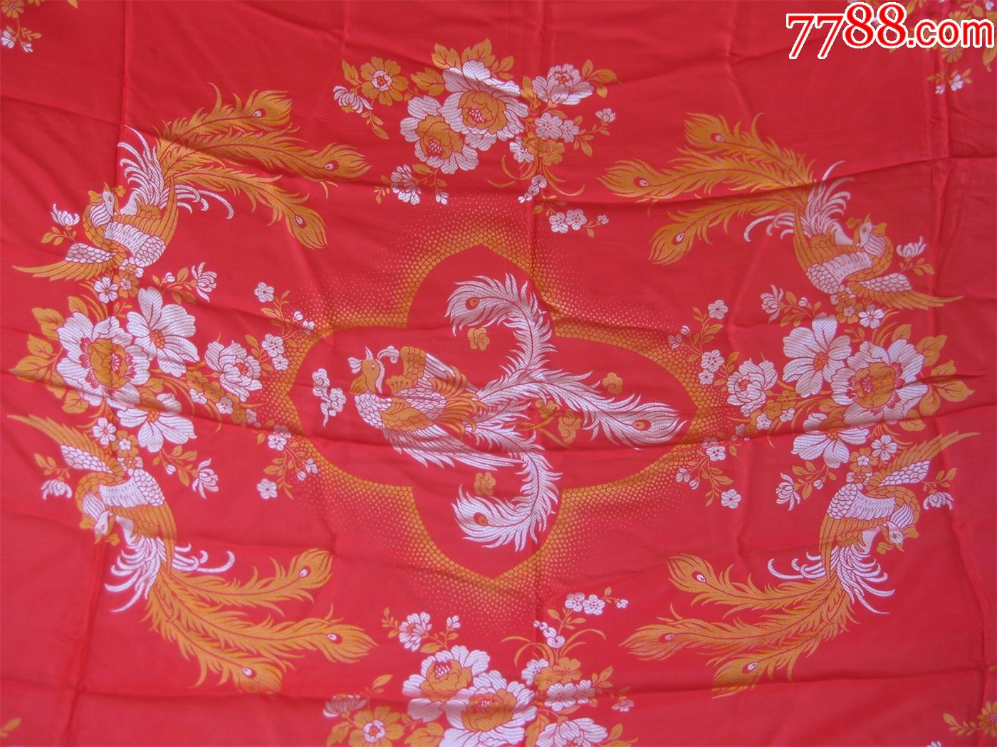 怀旧收藏八十年代丝绸被面百花凤凰图案杭州天万丝织近新品