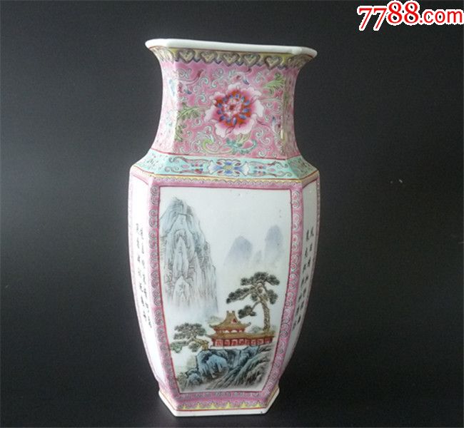 景德镇十大瓷厂/釉上彩/粉彩/重工粉彩/六方山水瓶