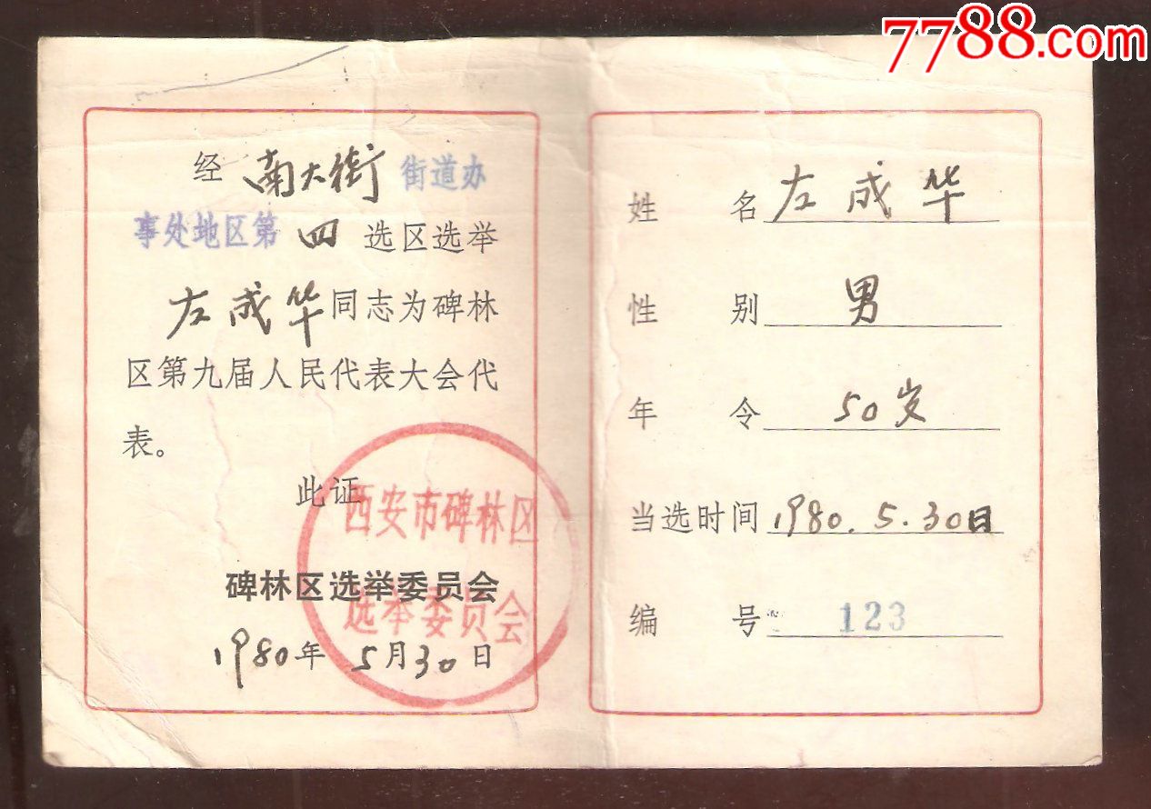 西安市碑林区第九届人民代表大会代表当选证