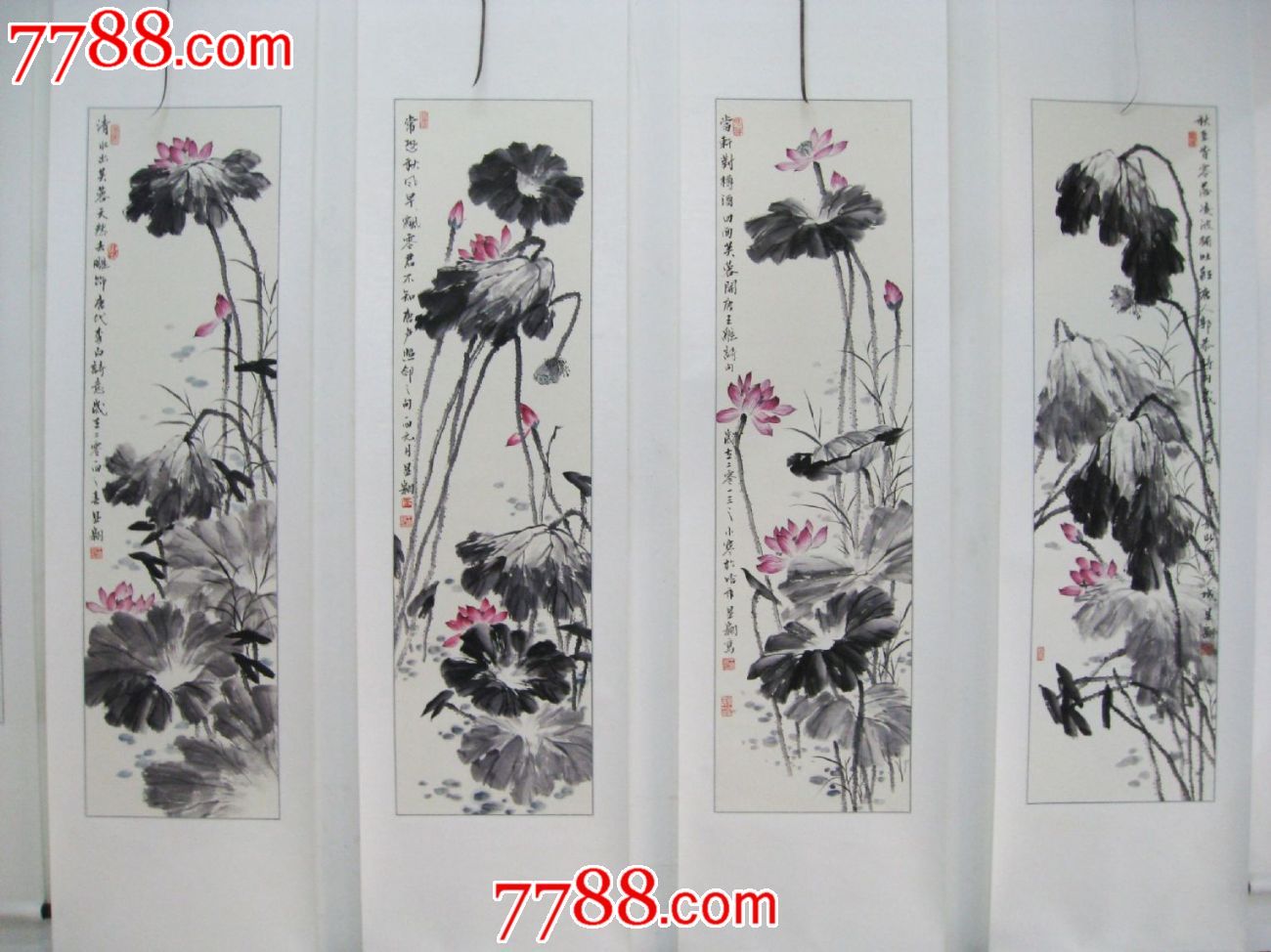 王显翱作品3【唐人诗意四条屏荷花】小130*34已裱轴图片