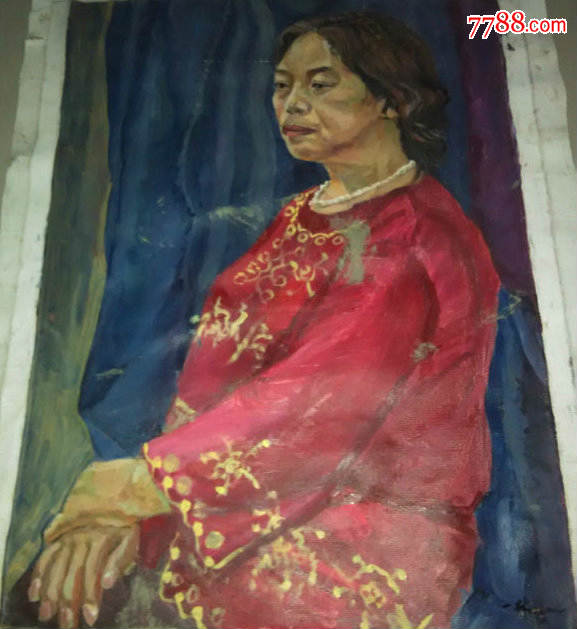 著名教授布面油画《红衣女人肖像》—【中国书画专营店】油画作品(*u