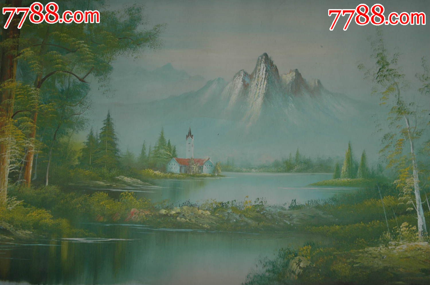 大幅俄罗斯风景油画《湖光山色》水平高,签名不识!