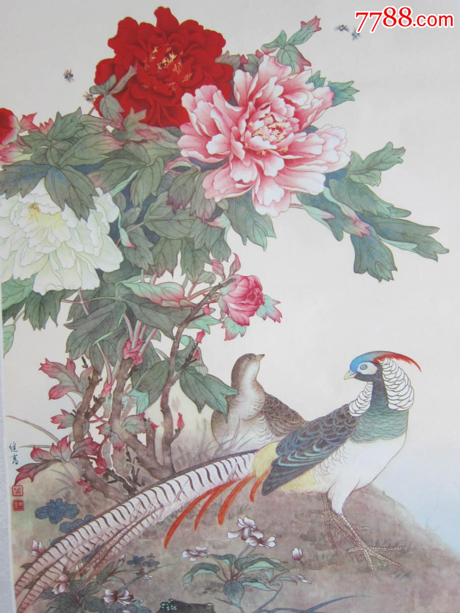 1964年画宣传画,牡丹银雉,喻继高绘,对开