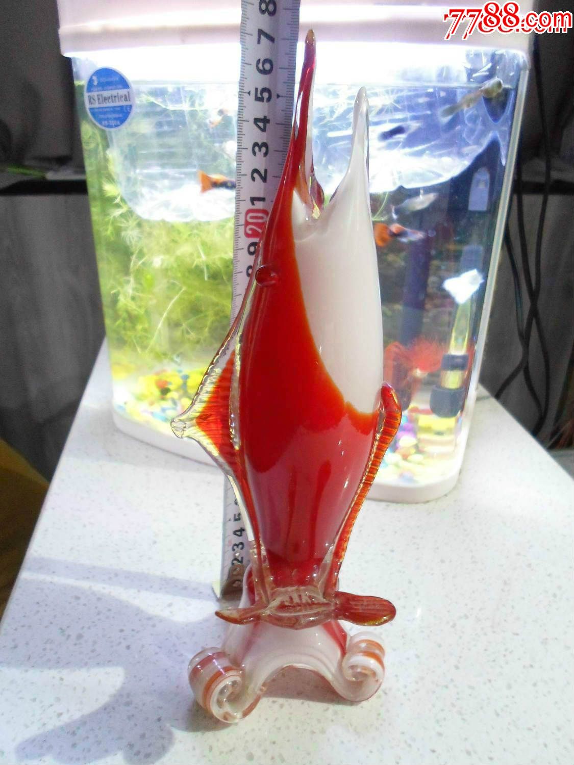 漂亮少见三足翻波浪红剑鱼老琉璃花插