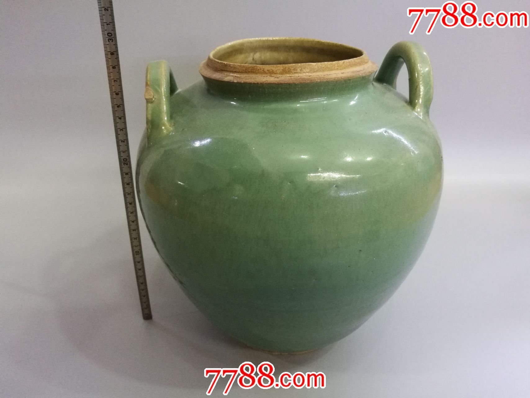 清代玉溪窑窑绿釉双系大酒缸