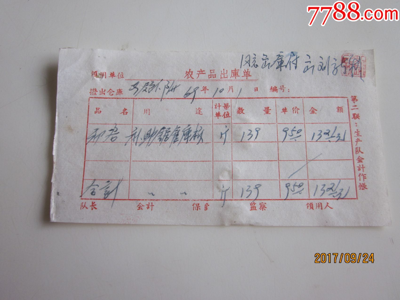 69年度农产品出库单补助费