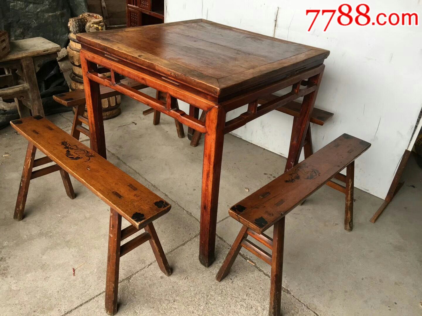 民国时期楠木方桌餐桌五件套