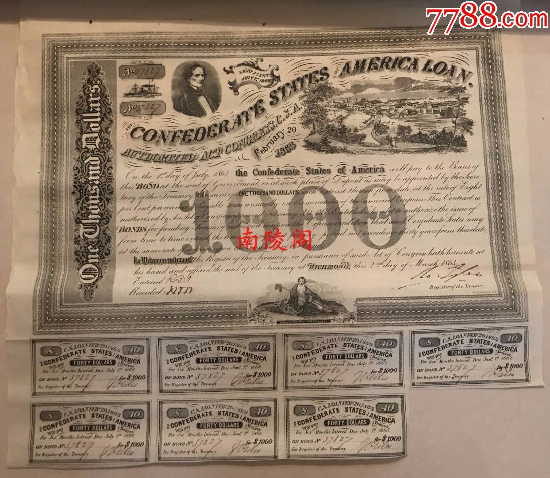 1863年美利坚联盟国(美国南部联邦)债券1000美元,南北战争公债