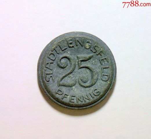 德国德紧1921年伦斯费尔德25芬尼蓝绿色陶币稀少