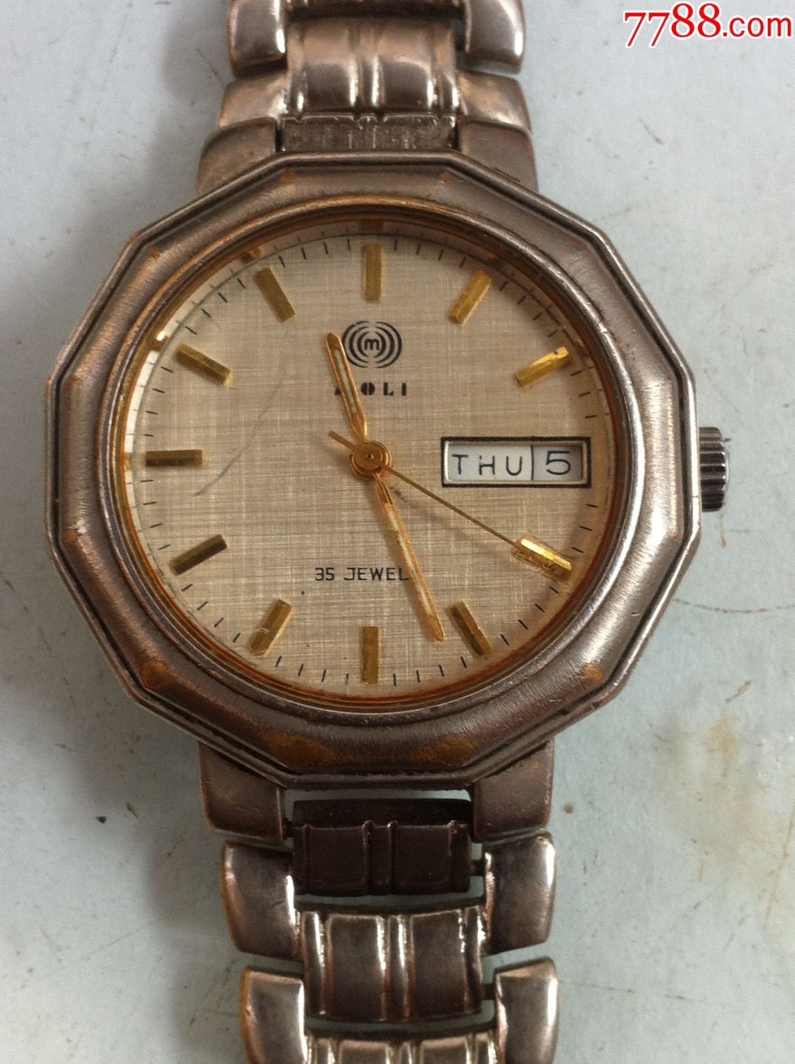少见上海魔力牌35钻自动双历机械手表底盖有磁铁