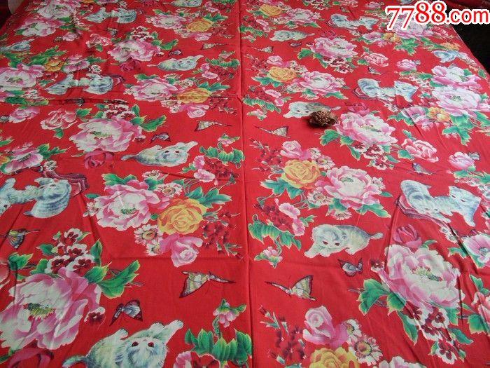 780年代纯棉斜纹东北大花布老被面
