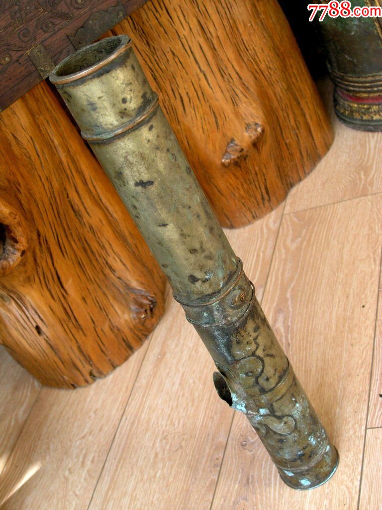 烟具收藏1710-清末民国双色铜两镶寿字小号水烟筒40cm-307g