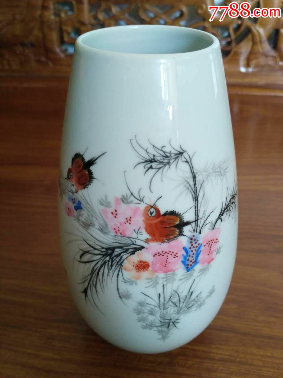 景德镇工艺瓷厂工艺美术师刘汉林粉彩花鸟花瓶