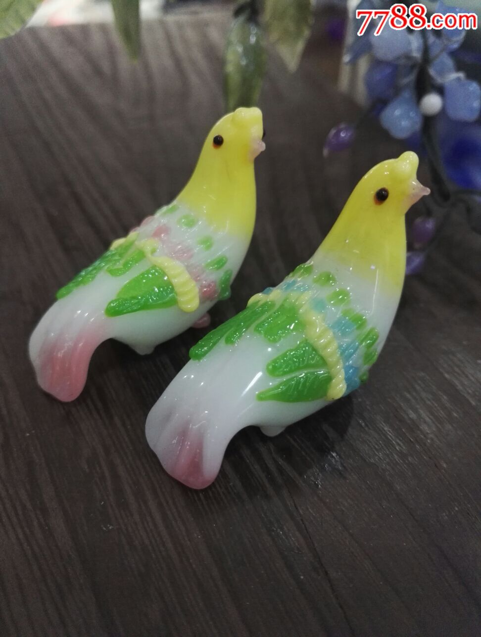 七十年代北京老料器老琉璃摆件鸟一对