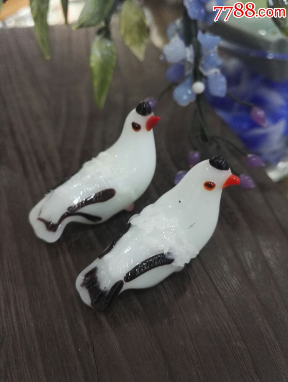 七十年代北京老料器老琉璃摆件鸟一对