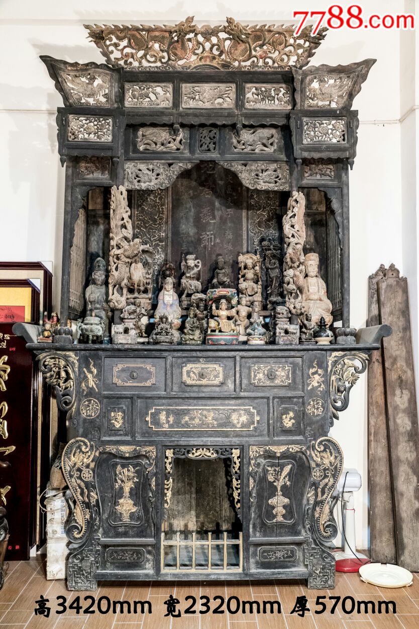 老木雕神龛神像供桌全套