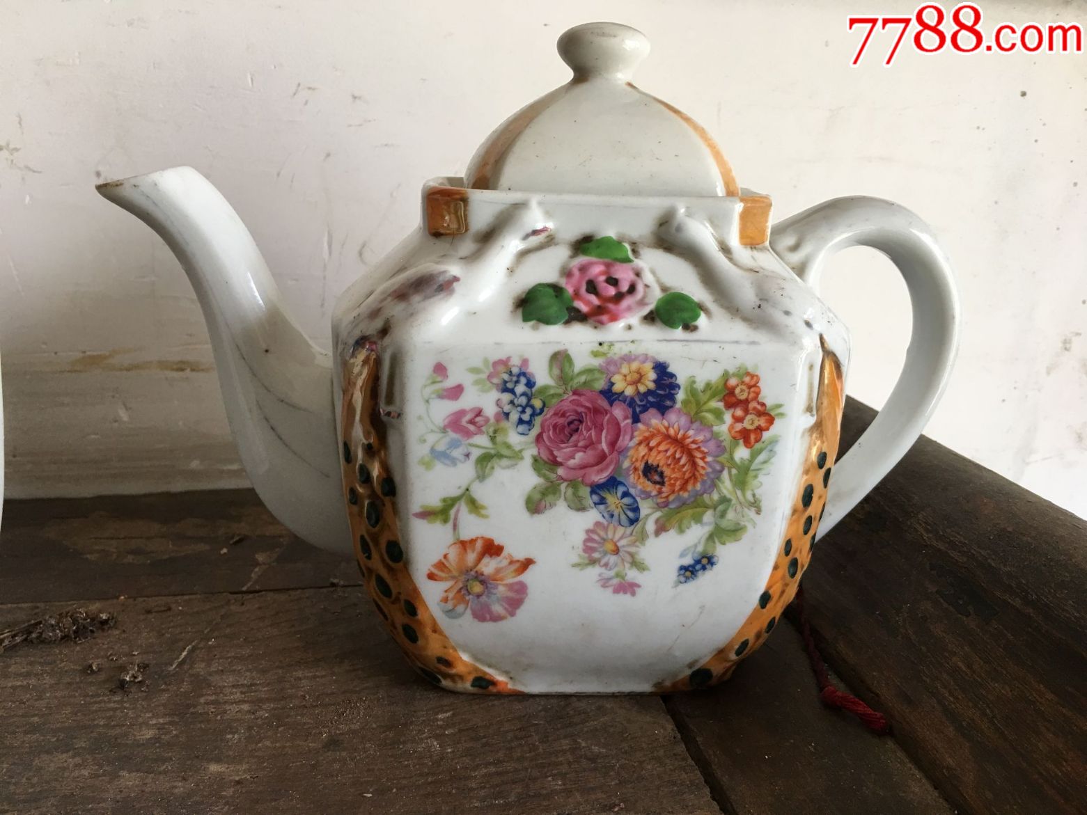 完整民国手绘花鸟方形老茶壶老瓷器茶具茶艺收藏完整摆件包老