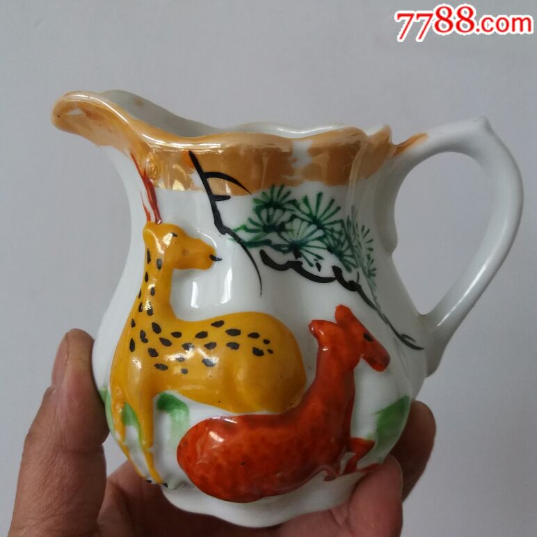 民国晚期建国初期粉彩双鹿漱口杯品相完整保真保老