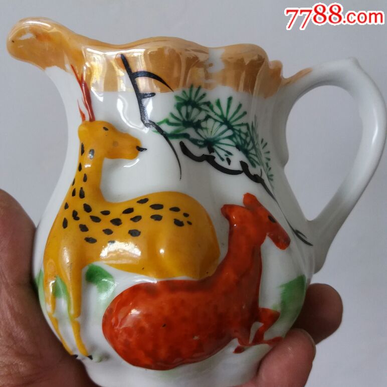 民国晚期建国初期粉彩双鹿漱口杯品相完整保真保老